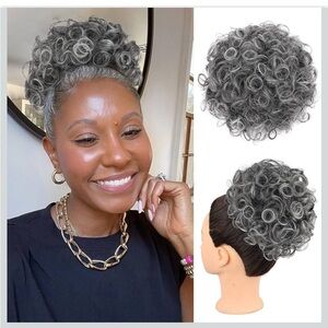 Gray Salt & Pepper Messy Gray Curls Hair Bun Extension Ponytail